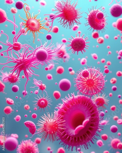 Microscopic pink viruses in blue background, 3D medical illustration, microbiology science concept, high resolution