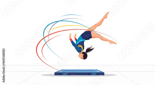 Dynamic illustration of a female gymnast performing an impressive mid-air somersault with vibrant motion trails, showcasing agility and athletic prowess.