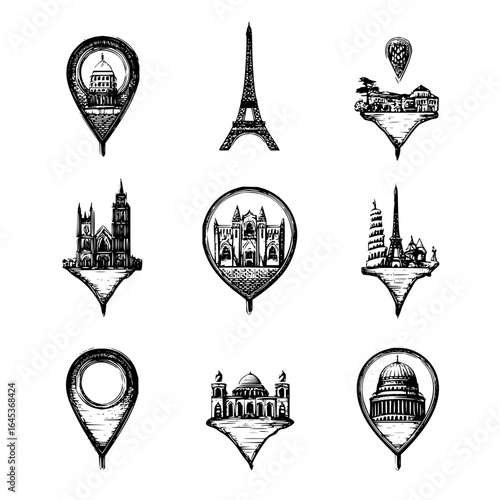 Landmarks travel destinations map pointers famous buildings architecture tourism and vacation sightseeing sketch 100