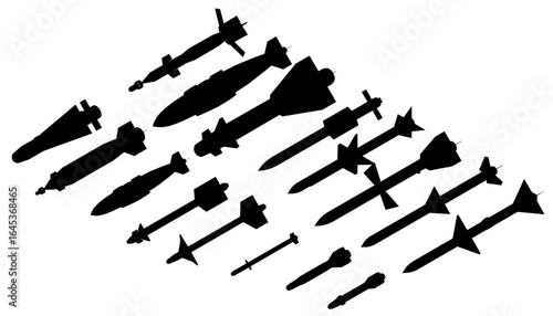 A black and white silhouette of fighter jets flying in tight formation against a clean white background. The military aircraft carry missiles and bombs.
