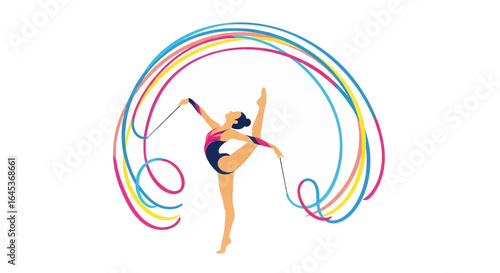 Elegant rhythmic gymnast in a dynamic pose performing with a colorful swirling ribbon. Vector illustration of a female athlete showing grace and flexibility.