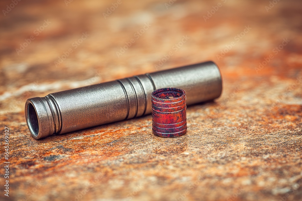 Obraz premium Two metal cylinders, one larger, one smaller, on a textured surface