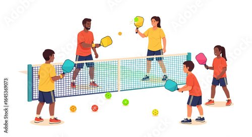 Diverse family and friends playing a game of pickleball together. A fun, active recreational sport illustration.