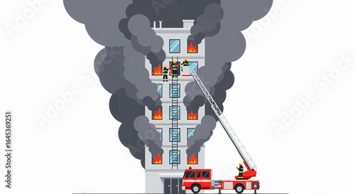 Firefighters on an aerial ladder battling a dangerous blaze in a multi-story building, an emergency rescue operation concept
