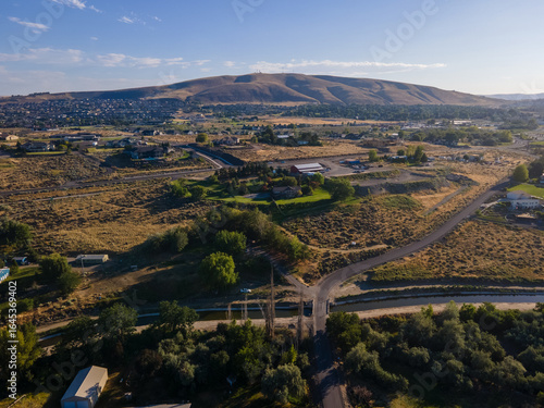 Aerial landscape of Yakima River Valley nature during summer in Kennewick Richland Washington
