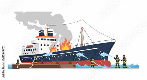 Firefighting crew in action extinguishing a major blaze on a ship, showcasing teamwork and emergency response.
