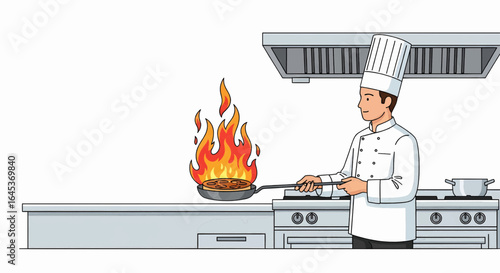 Professional male chef in uniform performing flambé cooking with a flaming pan in a restaurant kitchen.