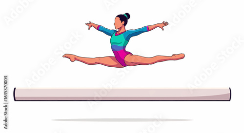 Dynamic illustration of a female gymnast executing a perfect split jump in mid-air above a balance beam, symbolizing athletic grace, strength, and agility.