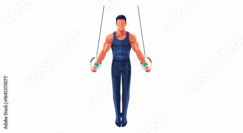 Artistic gymnastics concept with a strong male athlete on the rings. Isolated sports character illustration for fitness and training.