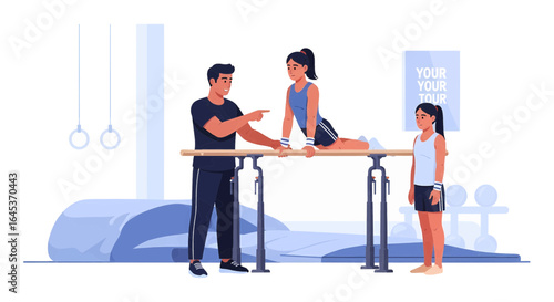 Professional gymnastics coach instructing a young female athlete during a training session on parallel bars in a gym