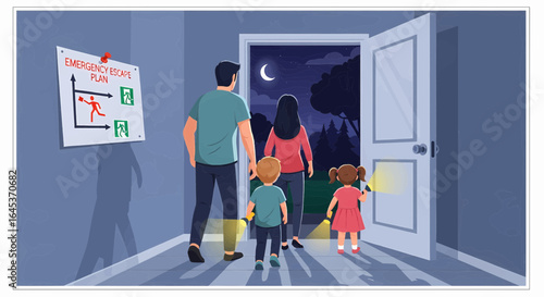 Illustration of a family executing their home emergency evacuation plan, demonstrating safety and preparedness.