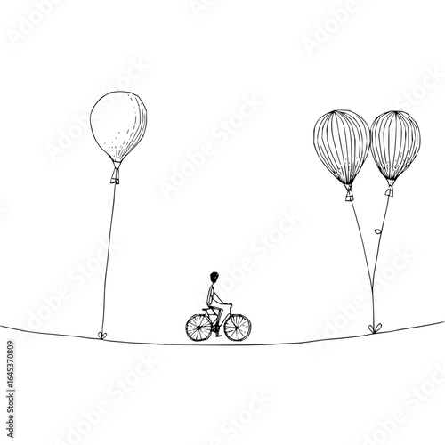 Whimsical bicycle ride on tightrope with balloons drawing illustration vector graphic design artwork