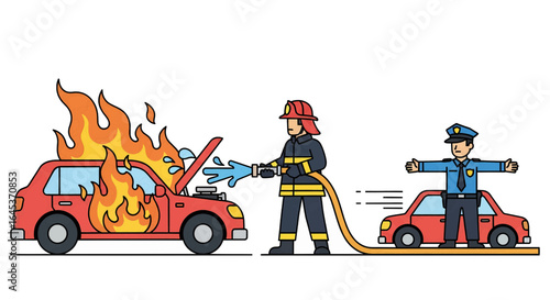 Emergency response concept with a firefighter extinguishing a burning car, illustrating public service teamwork.