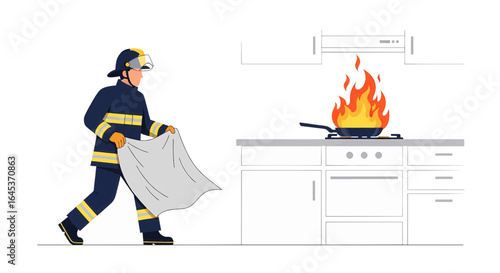Firefighter in uniform using a fire blanket to extinguish a dangerous grease fire on a kitchen stove. Concept of home safety and emergency response.