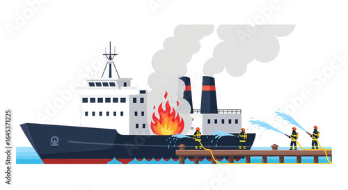 Firefighters extinguishing a major blaze on a cargo ship docked at a port, an emergency rescue operation in progress.