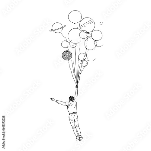Man flying with planet balloons drawing illustration art print poster wall decor space travel concept idea dream 100