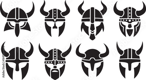 Viking Helmet Icon Set – Ancient Nordic Warrior Helmets with Horns, Medieval Armor Silhouette Collection for History, Mythology, and Scandinavian Culture Design

