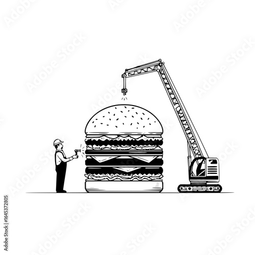 Burger construction illustration with crane and worker building a giant cheeseburger food concept drawing art