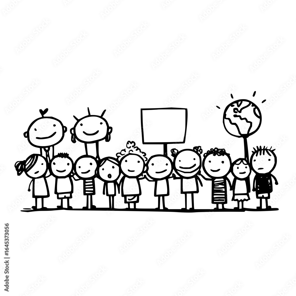 Childrens drawing of kids holding hands for earth day climate change and environmental awareness doodle art Childrens drawing of kids holding hands for earth day climate change and environmental awareness doodle art