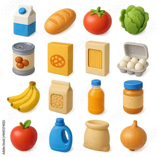 3d grocery icon set featuring milk, bread, tomato, lettuce, canned goods, pasta, eggs, and more