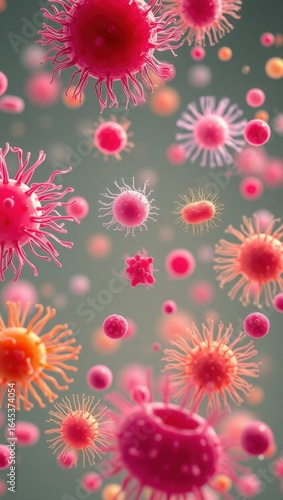 Microscopic pink and orange viruses, 3D medical illustration, infectious disease microbiology, high resolution