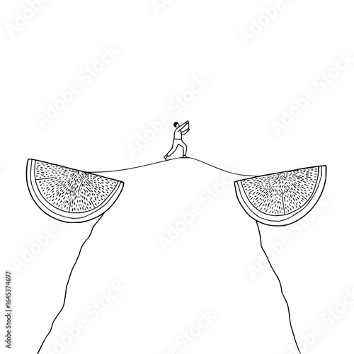 Conceptual illustration of a man walking on a tightrope between orange slices on mountains drawing art 100