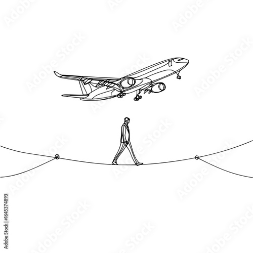 Man walking on tightrope with airplane flying above in line art style travel concept illustration