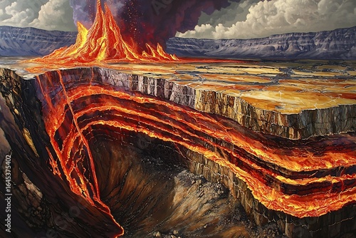 Cross section of volcano mid eruption layers of Earth glowing with geothermal heat lava flowing in ribbons of red and orange tectonic plates illustrated with scientific precision