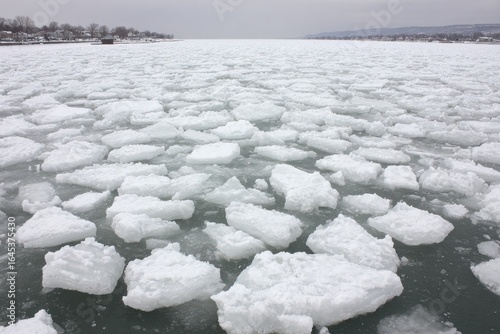 Ice floes cover a gray-blue waterway