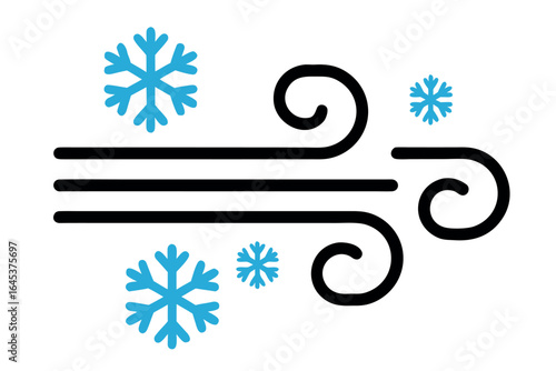 Stylized wind and snowflake graphic with blue snowflakes weather winter