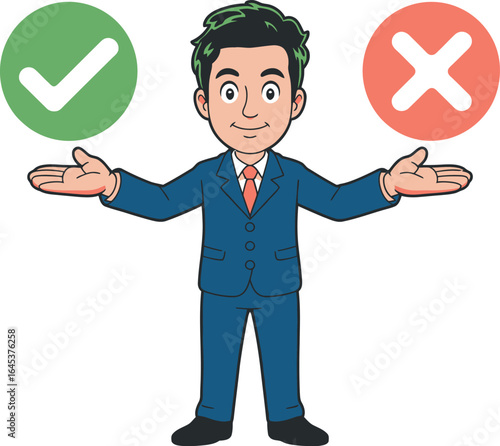 Businessman presenting pros and cons decision making guide