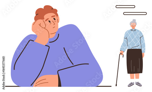 Young man in a pensive pose, observing an elderly woman standing with a cane. Ideal for aging, caregiving, contemplation, intergenerational connection, family support, empathy mental health. Simple