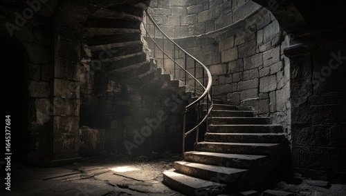 Wallpaper Mural Sunlit spiral stone staircase in a dark, ancient, crumbling stone building,  showing age and decay Torontodigital.ca