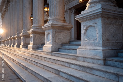 Marble steps  columns in the sunlight architectural details of a grand building
