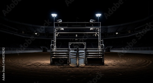 Spotlights illuminate a metal rodeo bucking chute in the center of a dark and empty dirt arena
