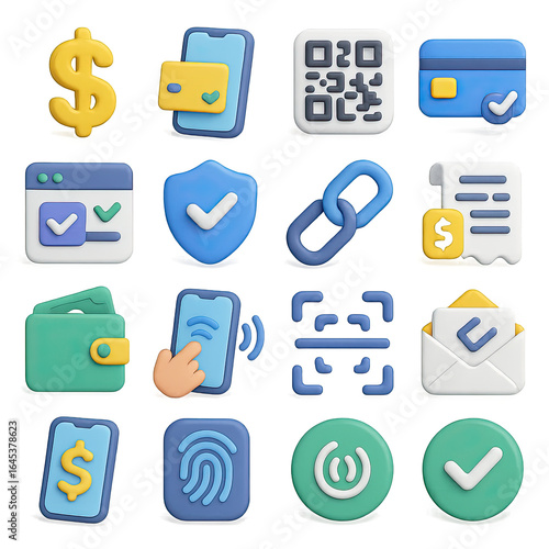 3d finance icon set featuring dollar, card, qr code, invoice, wallet, shield, fingerprint symbols