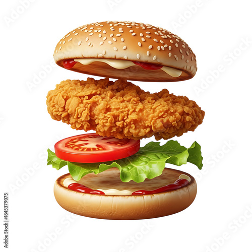 Deconstructed Crispy Chicken Burger Layers of Flavor Floating Composition Delicious Fried Chicken Sandwich with Tomato and Lettuce on Black
