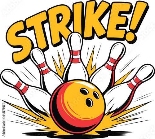 Dynamic illustration of a bowling ball hitting pins with a bold strike text graphic creating a sense of action and victory in the sport