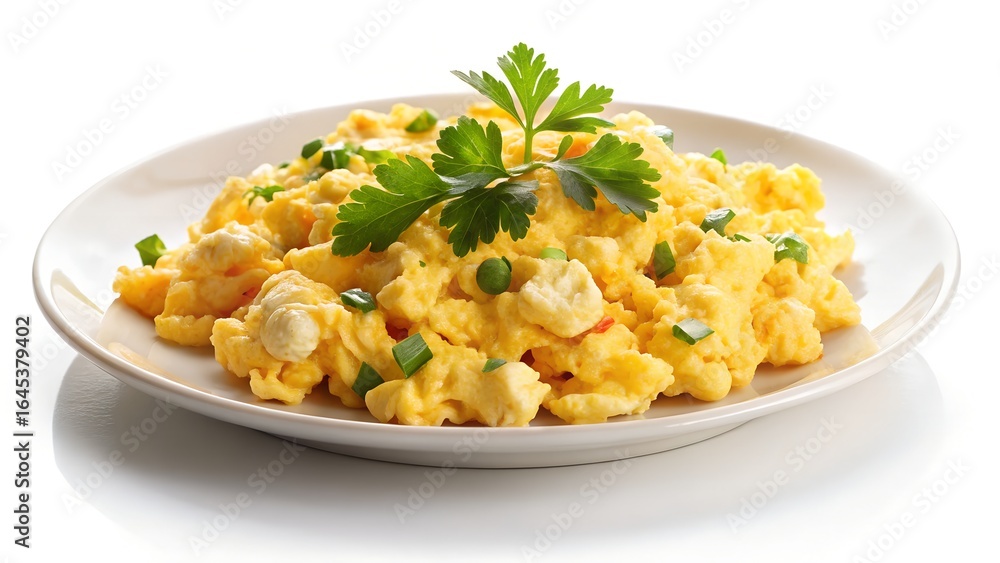 Scrambled eggs with parsley isolated on white background Scrambled eggs with parsley isolated on white background
