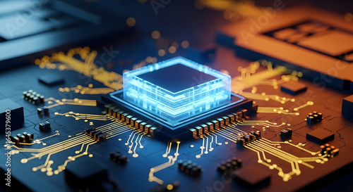 Advanced microprocessor with glowing blue circuits and golden connections on a futuristic motherboard