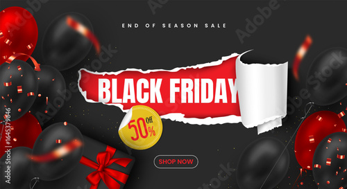 Black friday sale background, banner, social media post or greeting card with torn paper and 3d text effect. Business marketing poster with plastic sticker label, balloon, glitter confetti and ribbon.