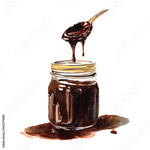 Chocolate Sauce Vector Illustration Drizzling from Spoon into Jar Dessert Design