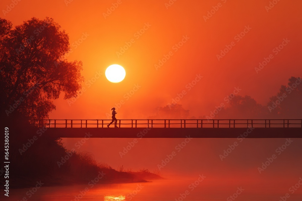 Obraz premium Silhouette of athletic woman running on bridge over foggy river at sunrise, enjoying healthy lifestyle