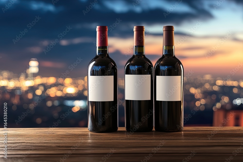 Fototapeta premium Three wine bottles on a wooden table with a blurred