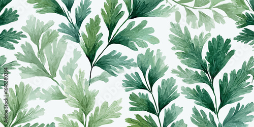 Artistic watercolor scene showcasing fresh green fern leaves arranged in a serene background - vector illustration