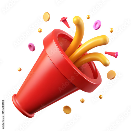 Red party popper with confetti and streamers isolated on transparent background.
