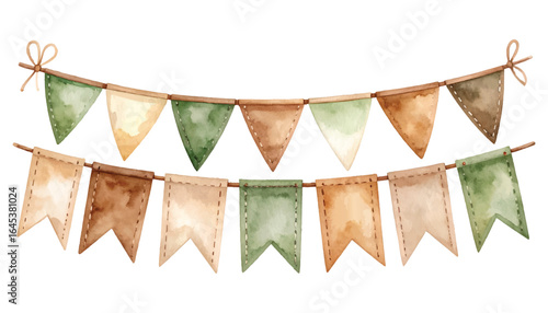 Watercolor bunting flags in shades of green and brown with stitched details banner string