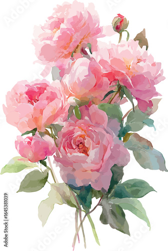 Romantic watercolor bouquet of soft pink roses with lush green leaves and gentle floral charm - vector illustration