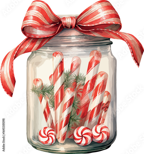 Vintage-style watercolor candy canes in mason jar with holiday ornament for seasonal cheer - vector illustration