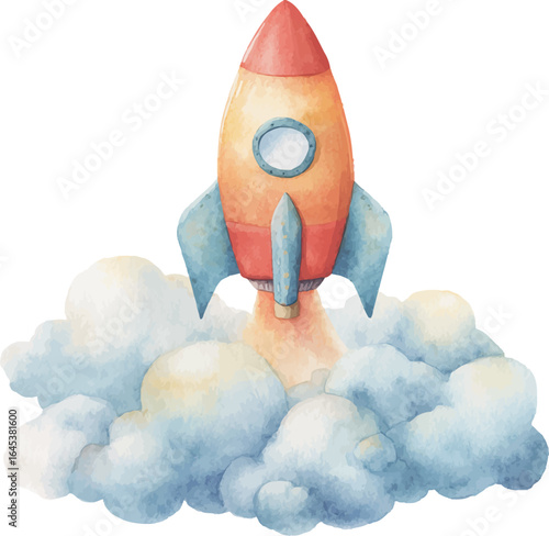 Charming watercolor depiction of a colorful rocket exploring the dreamy night sky and stars - vector illustration